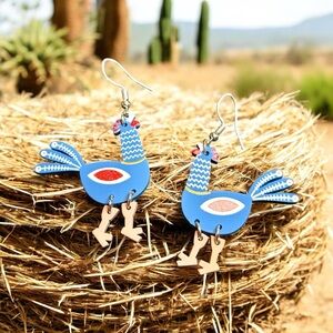 NEW Hand Painted Wood Articulated Country Chicken Dangle Earrings
